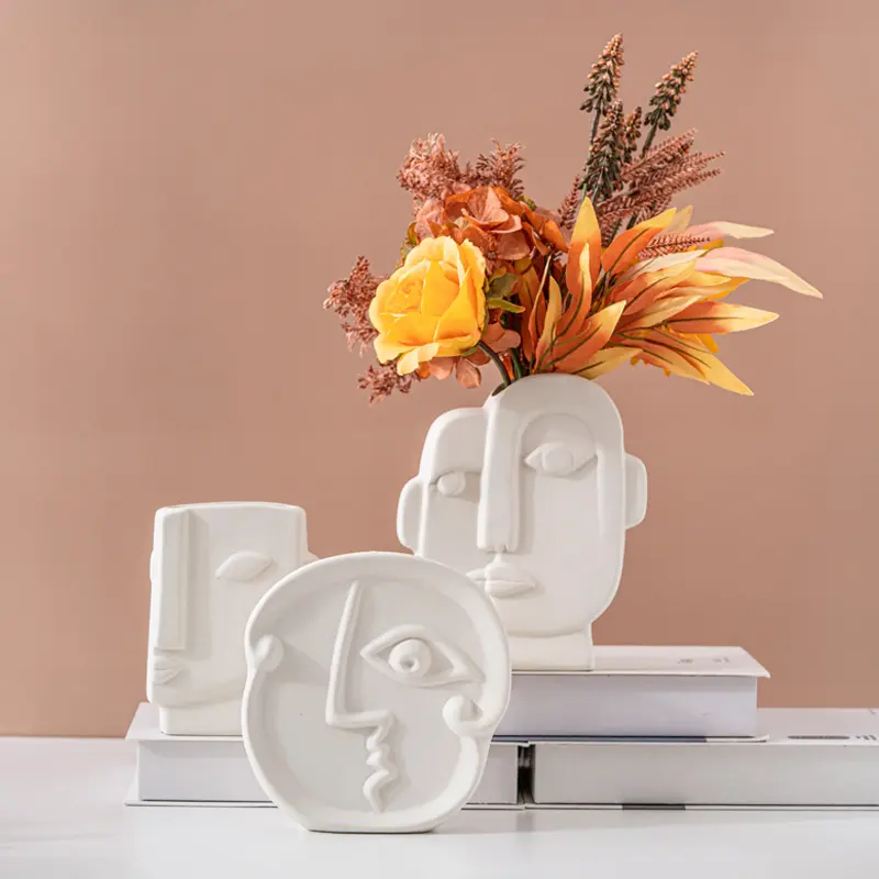 Jarrón de lujo para Decoración de casa minimalista, accesorios interiores, jarrón de cerámica con cara humana blanca de bizcocho para decoración del hogar