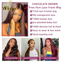 Perruque frontale en dentelle HD 13x4 sans colle, en cheveux humains brun chocolat, pré-épilée avec baby hair, 4 perruques à fermeture en dentelle brun foncé pour femmes