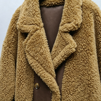 Manteau mi-mollet en peau de mouton pour femme, automne-hiver, camel, avec revers en cuir contrastant, double boutonnage, style décontracté, long blazer