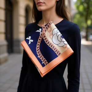 Écharpe carrée en soie style S avec chaîne et camélia 70x70cm, accessoire de mode multifonctionnel - Product Image 2