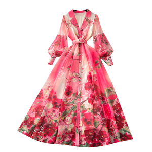 Vestido Midi Tipo Blazer con Cuello de Solapa para Mujer, Invierno 2024, Manga Farol, Estampado Digital, Tejido de Encaje Rojo - Product Image 5