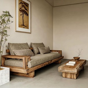 Canapé droit en bois massif Wabi Sabi personnalisé, canapé en tissu de lin minimaliste japonais vintage pour hôtel, B&B, hall, salon - Product Image 4