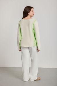 Women Knitted Pullover Spring 2026 100%Cotton Casual Gradient <strong>Knit</strong> <strong>Sweater</strong> Plus Size Light Green &amp; <strong>White</strong> with Purple Dot Details - Product Image 3