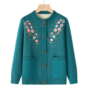 Ropa de <span class=keywords><strong>abuelas</strong></span> para mujer, suéter de cuello redondo con bordado Floral y punto grueso acolchado de invierno para mamá, cárdigan de otoño - Product Image 5