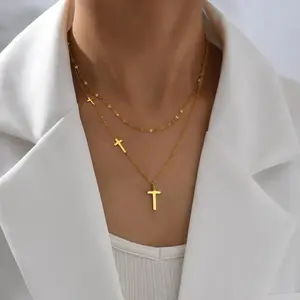 Trendy Gold Plated Pendant Three Cross Necklace Stainless Steel Women Jewelry Christian Religious Layered Chain Cross Necklace