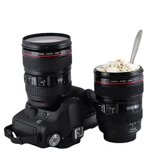 Tasse de tasse de café de Ef24-105mm d'appareil-photo de Slr d'acier inoxydable personnalisé, tasses auto-remuantes thermiques noires d'objectif de caméra