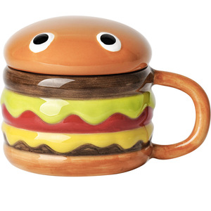 Tasse à hamburger en céramique de grande capacité créative et écologique avec couvercle mignon amusant tasse de petit déjeuner isolée froide et chaude pour la fête pour le lait - Product Image 5