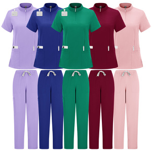 Women Scrub Set Stand Up Collar Zippered Top Pants Moisture Wicking Medical Nursing Uniform Split Set 95 Polyester 5 Spandex - Product Image 2