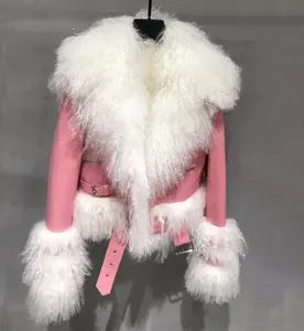 2020 ملابس النساء إيطاليا تصميم جلد الغنم قصيرة موتو سترة يتأهل كبيرة الضأن الفراء طوق الفراء سترة جلدية الشتاء