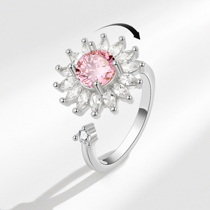 rotating <b>ring</b> anxiety With Spinning Flower Claw <b>Set</b> Round Cut Pink Zirconia Copper <b>Gold</b> Plated none tarnish jewelry For Women - Product Image 1