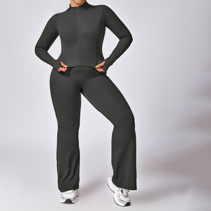 Stock Plus Size Reversible Gym Wear Workout Yoga Set-Solid Color Fitness Bra Flare <strong>Leggings</strong> Waist Washed Activewear Sports Pants - Product Image 2