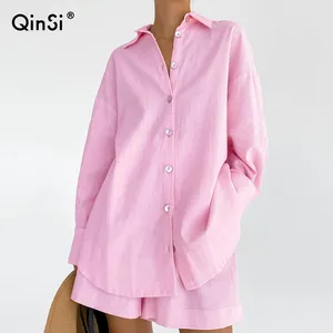 QINSI 2023 Spring Solid Shorts Pink Long Sleeve Sleepwear Female Casual Suits Loose Women's Home Clothes 2 Piece Pajama Set