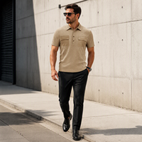 Polo jacquard à manches courtes pour homme, en polyester, multi-poches, col contrastant, décontracté, pour l'été