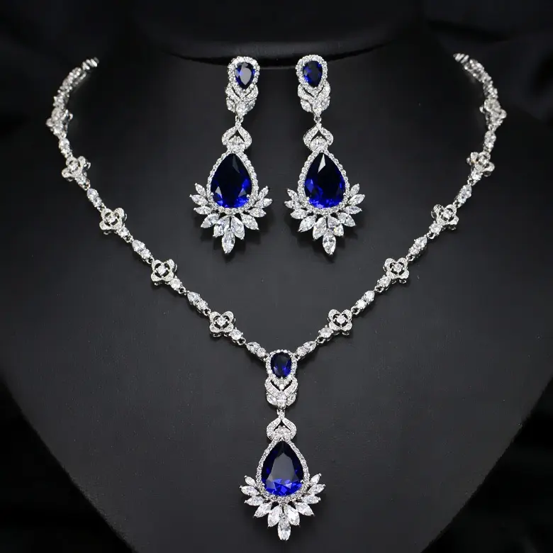 Индийские Свадебные серебряные 925 Ювелирные наборы высокого качества синий зеленый циркон кулон ожерелье висячие серьги набор для женщин