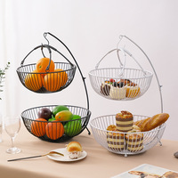 Panier à fruits noir à 2 niveaux réglable, en fil métallique, fer à friser avec cintre banane, pour la maison et l'hôtel