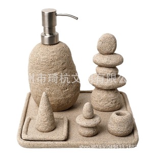 Ensemble de salle de bain en résine de pierre Zen Qi Hang avec distributeur de savon, porte-brosse à dents et plateau décoratif pour la décoration de la salle de bain - Product Image 5