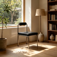 Chaise d'appoint en cuir, chaise de salle à manger à structure chromée, chaise d'appoint Bauhaus avec dossier rond pour la maison, la cuisine, le salon