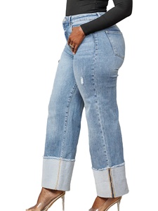 <span class=keywords><strong>Jean</strong></span> baggy bleu pour <span class=keywords><strong>femme</strong></span> YUANBOFEI, pantalon en denim évasé avec revers repliés, coupe ample, décontracté, grandes tailles - Product Image 3