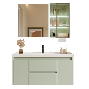 Meuble-lavabo de salle de bain moderne de luxe vert français en MDF, armoire étanche à poser au sol, miroir intelligent, écologique - Product Image 1