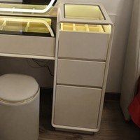 Coiffeuse moderne extensible et réglable avec miroir rond éclairé par LED et commode à 3 tiroirs en verre pour chambre à coucher