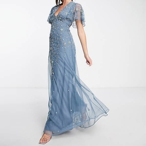 Nuevo Vestido Maxi Azul Sólido para Dama de Honor con Mangas con Volantes, Adorno Floral y Tul Transpirable - Product Image 4