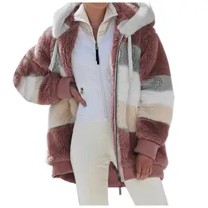 Popular Autumn and Winter Warm Plush Panel Pocket Hooded Loose Coat for Women With Zipper