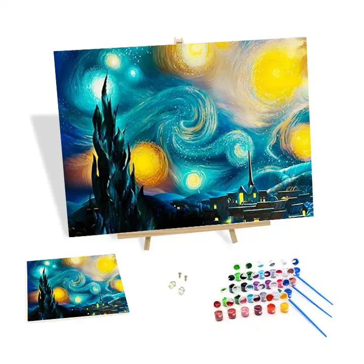 Peinture par numéros Kits nuit étoilée mur Art peinture 24 couleurs débutant dessiné à la main bricolage Van Gogh pour débutant