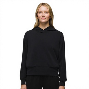 OEM Plain <b>Black</b> <b>Fleece</b> Hoodie Women Minimalist Crossover Collar Drop Shoulder Pullover Wholesale Price By Twin City Pakistan - Product Image 1