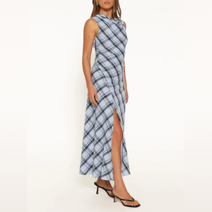 Abito Midi da <span class=keywords><strong>Donna</strong></span> Blu Ghiaccio a Quadri con Collo a Cappuccio, Vita Arricciata e Gonna Fluida a Trapezio - Elegante Vestito Casual da <span class=keywords><strong>Donna</strong></span> - Product Image 2