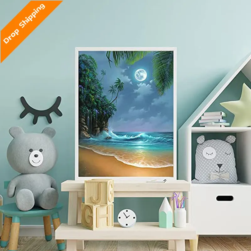 Pintura de diamantes 5D DIY por números para adultos, Kits de pintura de playa redonda, paisaje completo, pintura de diamantes, arte costero, punto de cruz artesanal