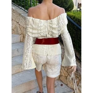 Lace Off Shoulder <b>Bell</b> Sleeve Crop Top Women Back Zipper Sheer Layer Y2K Party Holiday Wear - Product Image 1