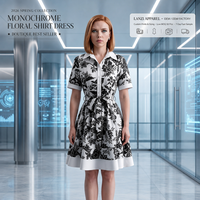 Robe chemise à imprimé floral sous marque privée, usine OEM ODM, col ouvert, patte de boutonnage, manches courtes, poignets à nouer, ceinture auto-ligaturante