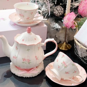 French Romantic Pink Porcelain Cup and Saucer with <b>Teapot</b> Gift Box Set Vintage Rose Rabbit Coffee Afternoon Tea Eco-Friendly - Product Image 3
