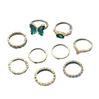 Lot de bagues superposées rétro émeraude en alliage plaqué or pour femme, bijoux de fête, cadeau, vente en gros