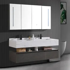 Penteadeira de parede luxuosa para banheiro, penteadeira dupla de mármore com espelho LED 1500 para banheiro no Reino Unido