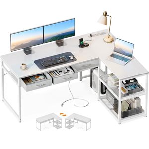 Bureau d'ordinateur moderne en forme de L blanc avec tiroirs et étagères de rangement, table d'écriture en métal pour espace de travail à domicile - Product Image 1