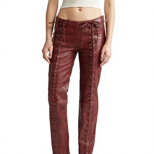 <b>Black</b> <b>Lace</b> up Genuine Leather Pants High Waist Gothic Formal Skinny Fit Full Length Winter Breathable Clubwear Streetwear - Product Image 1
