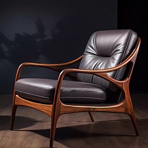 Elegante y moderno sillón de cuero negro con marco de madera distintivo para una relajación con estilo - Product Image 1