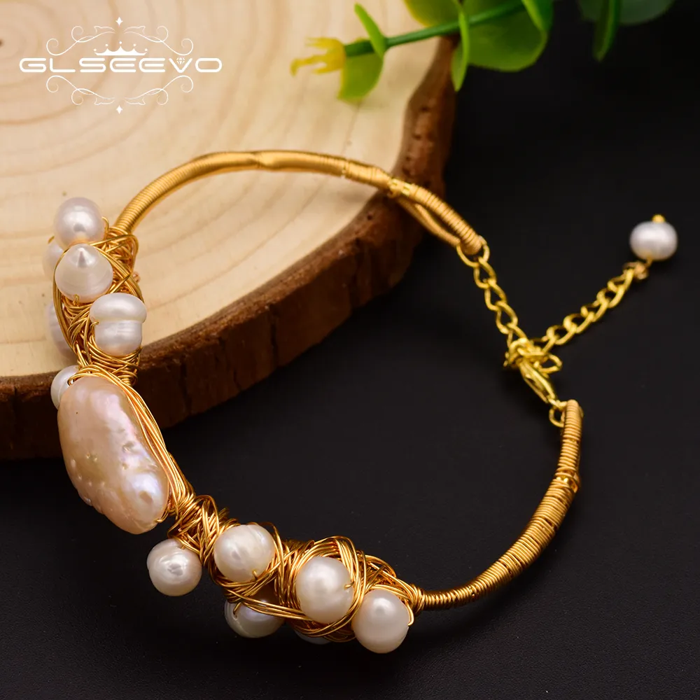 Pulseras de perlas barrocas de agua dulce Natural para mujer, brazaletes ajustables, joyería hecha a mano
