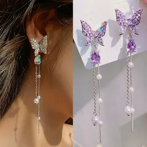 New Purple Butterfly Pearl Long Rhinestone Tassel Earrings Wholesale