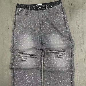 Celana <span class=keywords><strong>Jeans</strong></span> Pria Model Baggy Distressed Vintage Sun Faded Rhinestone Bling OEM ODM Pinggang Tinggi Streetwear - Product Image 4