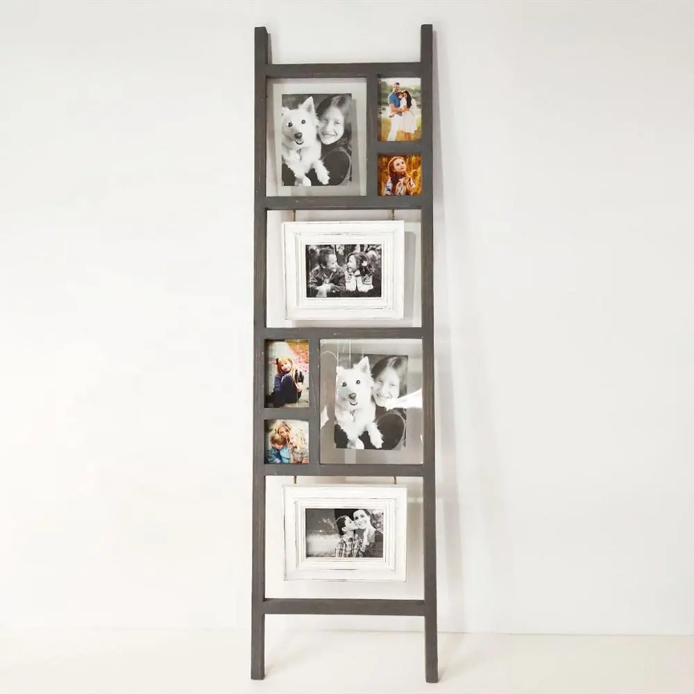 Hot Sale Distressed Decorative Ladder White Taupe Wooden Multi Photo Frames Customized