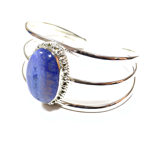 925 Sterling Silver Blue Agate Druzy Cuff Bracelet Oval Natural Gemstone Bezel Set Statement Jewelry For Women Everyday Wear - Product Image 1