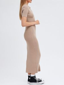Abito da sera in <span class=keywords><strong>maglia</strong></span> Slim personalizzato in <span class=keywords><strong>maglia</strong></span> viscosa in <span class=keywords><strong>maglia</strong></span> <span class=keywords><strong>Beige</strong></span> a maniche corte Maxi collo con colletto e collo alto abito in <span class=keywords><strong>maglia</strong></span> da donna - Product Image 4