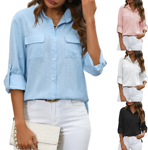 Chemisier décontracté pour femme Printemps-Été Couleur unie Coton Lin Coupe classique Manches raglan Col rabattu Poche Respirant - Product Image 1