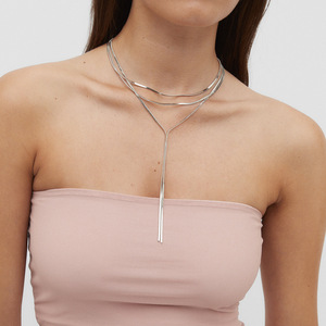 Collar de cadena en forma de Y con capas, de acero inoxidable 18k, cadena plana tipo serpiente para mujer, joyería de moda al por mayor. - Product Image 1