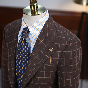 Blazer Isirhonour sur mesure en mélange de <span class=keywords><strong>laine</strong></span> et de lin à carreaux, marron café, revers large à encoche, poche plaquée, boutons MOP, coupe ajustée pour homme - Product Image 2
