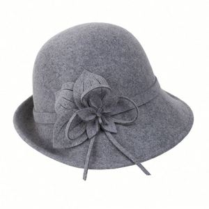 Women Elegant Autumn Winter Wool Felt Cloche <b>Hat</b> Casual Fashion Wool Felt Bucket <b>Hat</b> with Floral Accent - Product Image 1