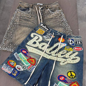 Shorts in <span class=keywords><strong>Jeans</strong></span> da <span class=keywords><strong>uomo</strong></span> con maglia strappata a gamba dritta con ricamo 3D personalizzato <span class=keywords><strong>pantaloncini</strong></span> in Denim con lavaggio scuro a vita media - Product Image 1