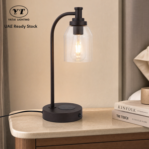 Lampe de table vintage moderne en fer avec abat-jour en verre transparent E27, lumière chaude, base de charge sans fil pour chambre à coucher, chevet - Product Image 1
